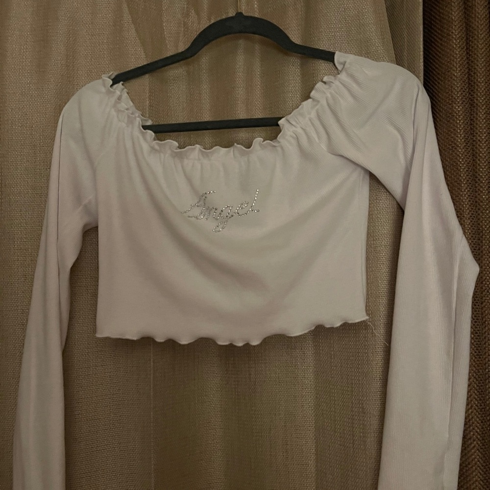 Off shoulder crop top with “Angel” | size S